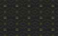 Pattern of abstract yellow, blue, black contours and lines in the ethnic style of the peoples of Africa on a geometric black backg