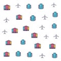 pattern of airplanes with suitcases and hotel buildings