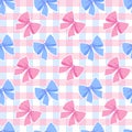 Pattern with alternating pink and blue bows scattered over a pastel pink and blue gingham background. Royalty Free Stock Photo