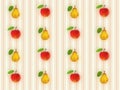 Pattern of apples and pears on striped background