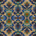 Pattern of artistic rosettes flourishes for tapestry rapport in blue background. Generative AI