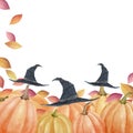 Pattern with autumn leaves and pumpkins in black hats for Halloween. Watercolor illustration. Vector