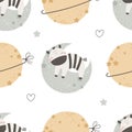 Seamless pattern with cute zebra, moon, decor elements. simple flat vector. Hand drawing for children. animal theme. Royalty Free Stock Photo