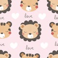 Seamless pattern with cute tiger, lion, decor elements. simple flat vector. Hand drawing for children.