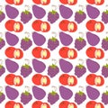 Pattern background with fruit elements of tomato, eggplant, grapes. Cute vector seamless pattern with colorful doodles of fruits,
