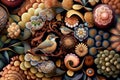Pattern background of Illustration of autumn fantasy floral scenery with birds and flowers. Generative AI