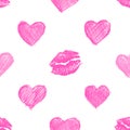 Pattern background with lipsticks prints and doodle hearts Royalty Free Stock Photo