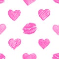 Pattern background with lipsticks prints and doodle hearts