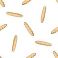 a pattern from a baguette. seamless pattern of a long yellow baguette drawn in doodle style randomly arranged on a white Royalty Free Stock Photo