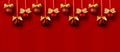 Pattern of balls with gold bows hanging on ribbon in row on deep red background, copy space, border. Luxury fashion christmas. Royalty Free Stock Photo