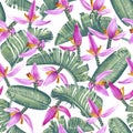 Seamless pattern with banana leaves and pink flowers in realistic style with high details.