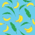 Pattern of with bananas and leaf blue background. Vector tropical fruit, single and bunch banana in cartoon style