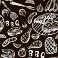 Pattern with barbecue food on craft paper. Grill hand drawn meat products on black background. Grill Sketch Seamless texture.