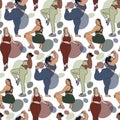 A pattern with beautiful different plump women in tracksuits. Contour with color in different angles of a large woman