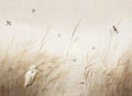 pattern bird egrets and butterflies sparrow perches on dry gold Pampas grass in the wind with white background.