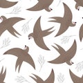 Seamless pattern with cartoon swallow, twigs. colorful vector for kids. hand drawing, flat style.