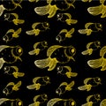 Pattern on a black background goldfish gold lines different sizes