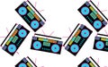 Pattern of black and blue, colored, hipster, beautiful, vintage retro audio tape recorders from the 80`s and 90`s scattered in d Royalty Free Stock Photo