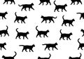 Pattern of black cat silhouettes walking in various directions on a white background. The cats are Royalty Free Stock Photo