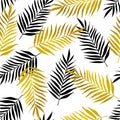 Pattern with black and golden palm leaves