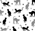 Pattern of black and gray cats silhouettes and their traces on white background. Idea for textiles, prints, covers.