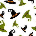Pattern with black and green witch hat on white background . Seamless pattern, magic hand drawn doodle. Collection halloween Royalty Free Stock Photo