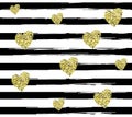 Pattern with black lines and glitter golden hearts on white background. Royalty Free Stock Photo