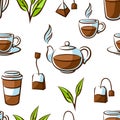 Pattern with black tea items. Background with tea and accessories, packs and kettles.