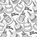 A pattern of black and white birthday cakes with candles and cupcakes. Cute contour elements of birthday cakes. Funny