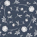 Pattern, black and white flower peony on blue background