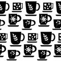 A pattern of black and white mugs. Vector illustration isolated on white background.