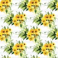 The pattern of blooming yellow flowers sunflower painted in watercolor
