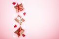 Pattern on a blue background. Gift boxes and hearts. Blank for greeting card. Valentine`s Day, Mother`s Day, March 8 Day