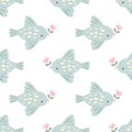 Pattern with blue birds and pinc hearts flowers in cute children`s flat style. Seamless vector illustration Royalty Free Stock Photo