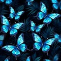pattern of blue butterflies on black background generative AI Royalty Free Stock Photo