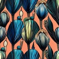 a pattern of blue and green flowers on an orange background, art nouveau alien botanicals