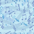 Pattern, blue notes with stave on a blue background, vector illustration