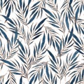 Pattern of blue palm leaves with golden lines. Watercolor freehand drawing of leaves, branches. Luxury leaf botanical