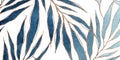 Pattern of blue palm leaves with golden lines. Watercolor freehand drawing of leaves, branches. Luxury leaf botanical