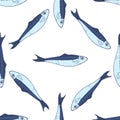 a pattern of blue sardines. Seamless drawing of a hand-drawn sketch of a small sardine fish, blue-gray with a blue