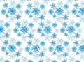 A pattern of blue snowflakes of different shapes and sizes on a white background. Royalty Free Stock Photo