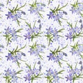 Pattern with blue watercolor bouquets of spring flowers on a background of watercolor splashes