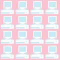 Pattern of blue and white, old, vintage, retro, hipster computers with convex monitors and floppy on a pink background.