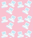 The pattern of blue and white, old, vintage, retro, hipster computers turned to the side with convex monitors and floppy on a pink