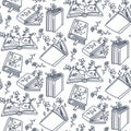 A pattern from books in a contour with elements of plants coming out of books. Open, closed books, a stack of books in the style