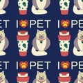 Pattern with a bottle of shampoo for animals, cats, dogs, and the text I love pet, pet care