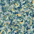 Pattern for boys. Best of all is a pattern with abstract spots and the inscription boy. Protective color pattern. Khaki