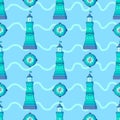 Pattern for boys. Marine theme. Seamless pattern with lighthouse and compass on a blue background. Light sea waves