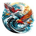 pattern of bright and colourful tropical birds and sea waves Royalty Free Stock Photo