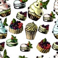 Pattern with bright and delicious pies, cupcakes